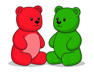 Two cartoon teddy bears, red and green, sitting side by side