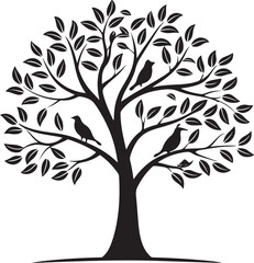 Obraz premium Black silhouette of a tree with birds on white background Keywords: tree, silhouette, black