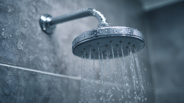 Shower arm with a rainfall showerhead actively dispensing water. Low flow shower head. Save water shower, shower drain. Head above water tile shower. Water jet plumbing shower dark. 