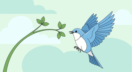 Naklejka premium Bird Gliding Towards Green Branch Amidst Pastel Skies On Beautiful Sunny Day