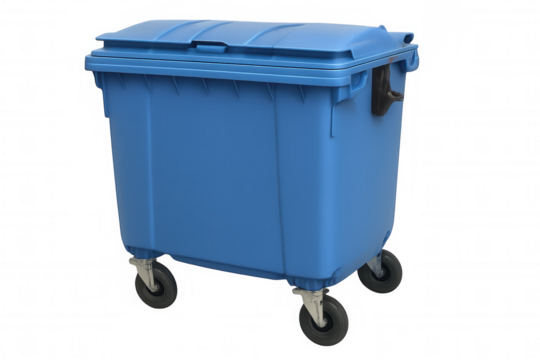 Studio shot of a large blue plastic garbage container with wheels and a closed lid, isolated on a transparent background