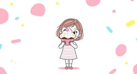 Adorable Girl Enjoying Exquisite Cupcake Against Pastel Background With Decorative Sprinkles