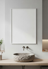 Textured Stone Vessel Sink with Modern Faucet and Minimalist Frame.