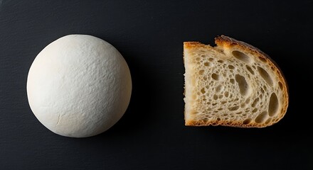 A conceptual image showcasing the journey of bread, contrasting a smooth, raw dough ball with a slice of rustic baked bread, representing the baking process.