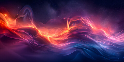 Colorful flowing abstract background with vibrant red, orange, pink, and purple silky waves, creating a dreamy, ethereal atmosphere with glowing light and fine sparkles.
