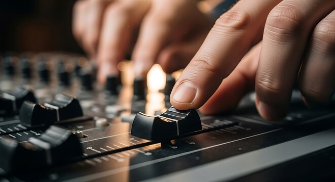 Close-up of Hand Adjusting Audio Mixer Fader, Studio Lighting, Sound Control.