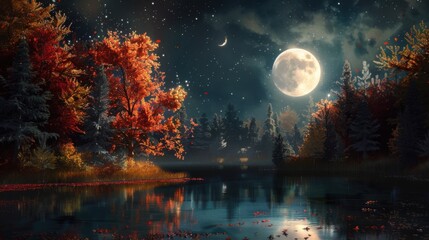 Obraz premium Minimalist Lake Illustration: Bright Moon, Moonlight & Reeds for Business/Festival Wallpaper