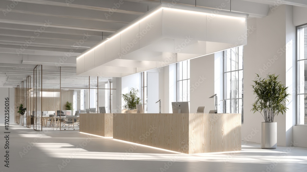 Poster modern office reception area with natural light and minimalist design, featuring clean lines and ope