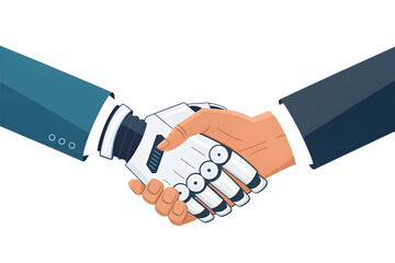 Flat Vector Illustration of Robotic Hand Shaking Human Hand Representing Trust in AI
