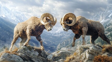 Two majestic bighorn sheep locked in a fierce standoff atop a rugged mountain peak,  amidst a dramatic sky.  Their impressive horns are a testament to their strength and power