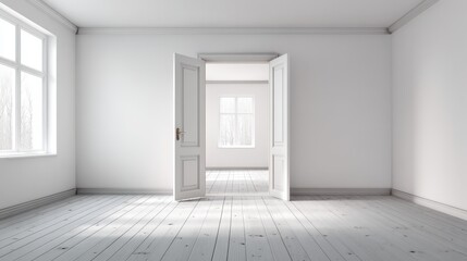 Bright, empty white room interior featuring a doorway and light wood flooring, showcasing minimalist design