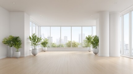 Bright Empty Modern Office Space with City View and Potted Plants in a Minimalist Design