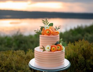 peach wedding cake lakeside scene