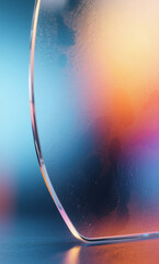 Vibrant abstract background featuring a close-up of a frosted glass curve, with a soft, colorful bokeh glow and modern aesthetic