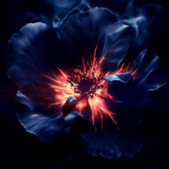 Digital illustration of a flower with dark blue petals from which a pulsating orange-red glow erupts. The light moves rhythmically, creating a mesmerizing effect