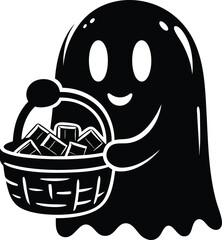 A Halloween Ghost with a chocolate basket cartoon vector illustration isolated on a white background