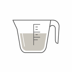 A minimalist line art icon of a kitchen measuring cup partially filled with liquid, showing measurement markings for cooking.