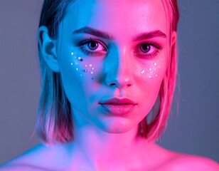 Close-up portrait of a woman with vibrant, contrasting lighting and unique face art