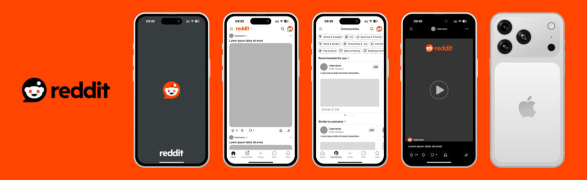 Reddit application template UI 2025 update in light mode shown on iPhone 17. Editable vector mockup for community discussions, forums, social media, and mobile app design presentation.