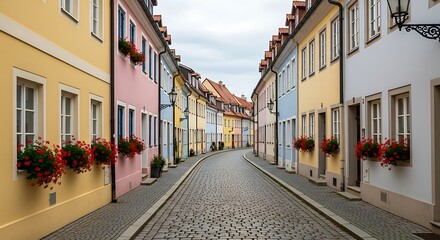 Colorful European Street with Pastel Houses and Flower Boxes Located in Charming Historic Neighborhood