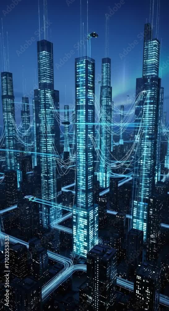 Aufkleber futuristic metropolis with data lines and flying vehicle navigation. digital city infrastructure wit
