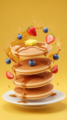 A dynamic stack of fluffy pancakes topped with melting butter, drizzled with golden syrup, and surrounded by fresh blueberries and sliced strawberries, all a...