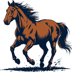 Dynamic illustration of a powerful brown horse galloping with flowing mane and tail, exuding freedom and motion on a white background