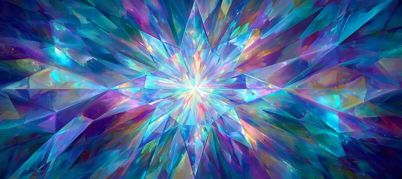 Abstract crystal background with light burst effect, iridescent gemstone texture, fantasy art design