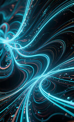 Abstract swirling lines of luminous cyan light representing data flow and high-speed energy transfer on a dark background