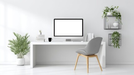 Minimalist Home Office Setup with Blank Computer Screen, Modern White Desk, and Natural Greenery