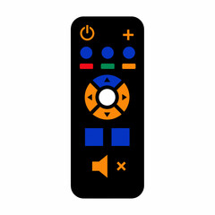 Black remote control with colorful buttons for power, volume, and navigation.