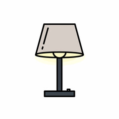 A simple cartoon illustration of an illuminated table lamp with a grey shade and a dark base, emitting a warm yellow glow.