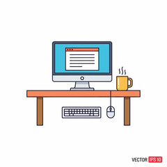 A modern flat line icon of a computer workspace with a monitor, keyboard, mouse, and a steaming coffee mug on a desk.