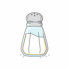 A simple line art illustration of a classic glass salt shaker with a silver perforated lid, filled with white salt.