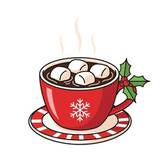 Cozy hot chocolate with marshmallows and festive holly decoration