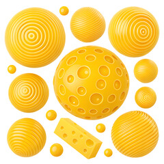 Fototapeta premium Abstract arrangement of textured yellow spheres and a rectangular prism on a black background