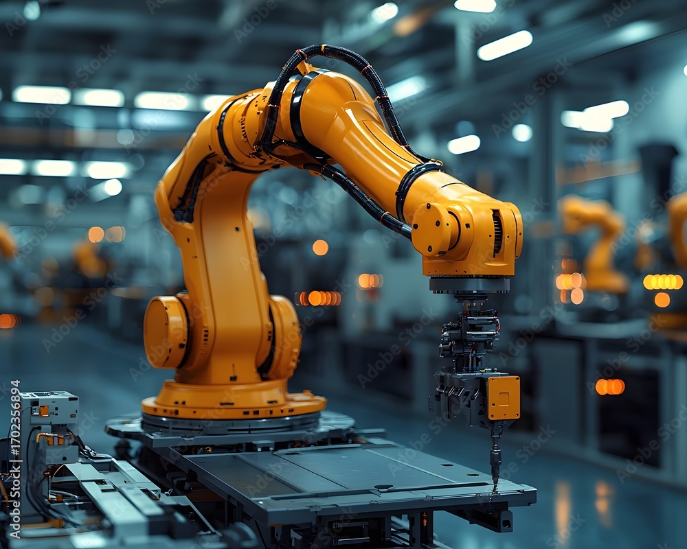 Poster orange industrial robotic arm performing a task on an assembly line in a modern factory