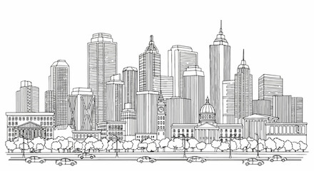 Fototapeta premium Detailed Cityscape Line Art Illustration, Suitable for Architectural Renderings, Coloring Books, and Urban Planning Presentations, Offering a Classic and Timeless Aesthetic