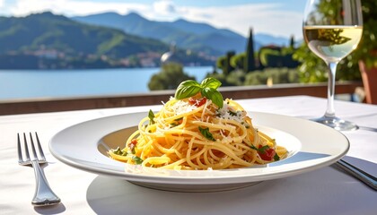 Italian dining experience with pasta and wine overlooking scenic lake view