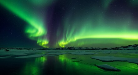 Naklejka premium Aurora Borealis reflecting in frozen lake Iceland.