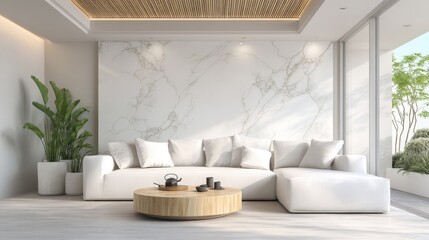 Modern Living Room Interior with Marble Wall, White Sofa, and Round Coffee Table