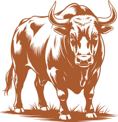 A powerful brown bull standing on grassy ground with intricate details and strong presence