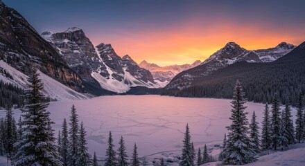 Obraz premium Sunrise over frozen Lake Louise winter landscape.