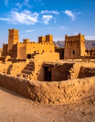 Ancient mud-brick buildings in desert landscape