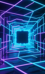 Infinite glowing neon grid tunnel leading to a central core, representing data flow and technology