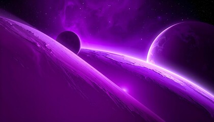 A cosmic vista rendered planets glow with violet light against a starlit, nebulous expanse