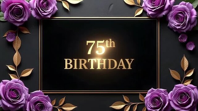 Cinematic 75th birthday greeting with gold text framed by purple roses and golden leaves on black background
