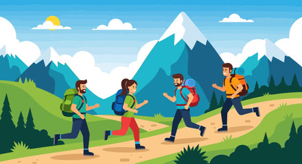 Vector Illustration of Hiking Group in Mountain Landscape in Modern Style with Bright Colors