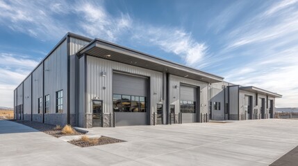 Modern Industrial Building Exterior with Roll-Up Doors and Concrete Apron Under a Cloudy Blue Sky