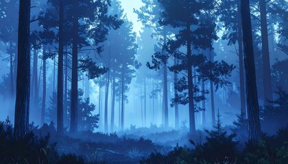 Eerie Foggy Forest Bathed in Mysterious Blue Moonlight.